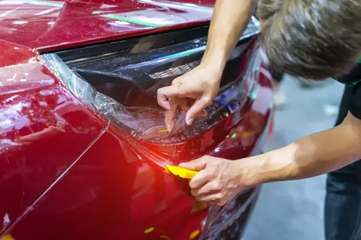 Un travailleur installe un film de protection de peinture automobile avec une spatule par kynny